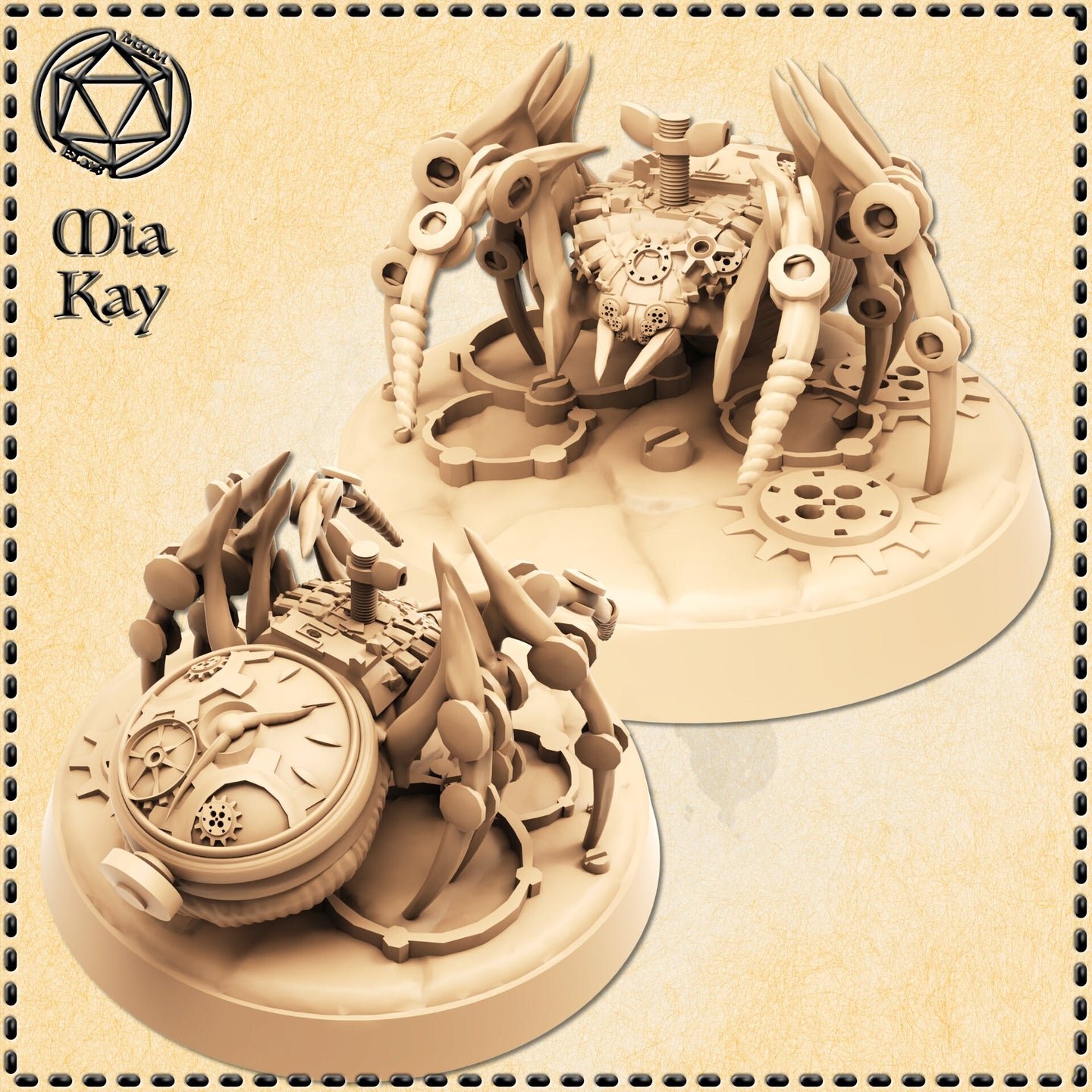 Digital render of two unpainted Clockwork Spider miniatures by Mia Kay M3DM — one in an aggressive raised stance showing gear-plated carapace and splayed bladed legs from above, the other in a low prowling pose with a large clockface dial on the body front, both on detailed cog-motif bases at 32mm scale