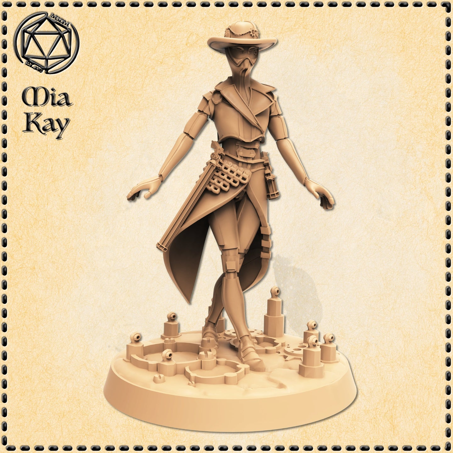 Unpainted sand-coloured resin render of the Metalforged Lady miniature by Mia Kay M3DM — a female construct figure in a wide-brimmed clockwork hat, long split coat, articulated mechanical arms, and a multi-barrelled weapon at her hip, standing on a scenic cog-and-sphere themed base at 32mm scale