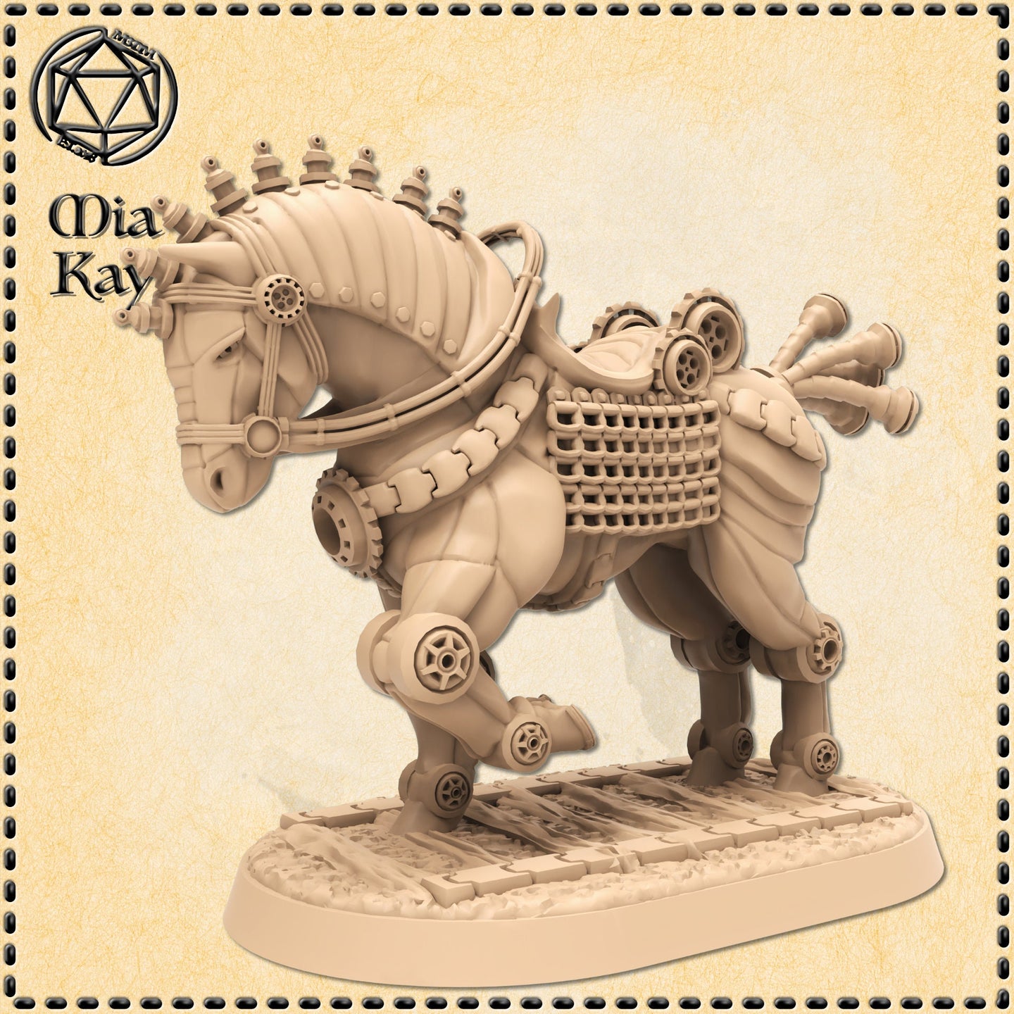 Digital render of the Steampunk Workhorse miniature by Mia Kay M3DM — an unpainted resin-coloured mechanical horse with riveted neck armour, gear joints at each leg, a chainlink collar, and a saddle platform fitted with canisters and exhaust vents, posed mid-stride with one foreleg raised over a detailed cobblestone base, at 32mm scale