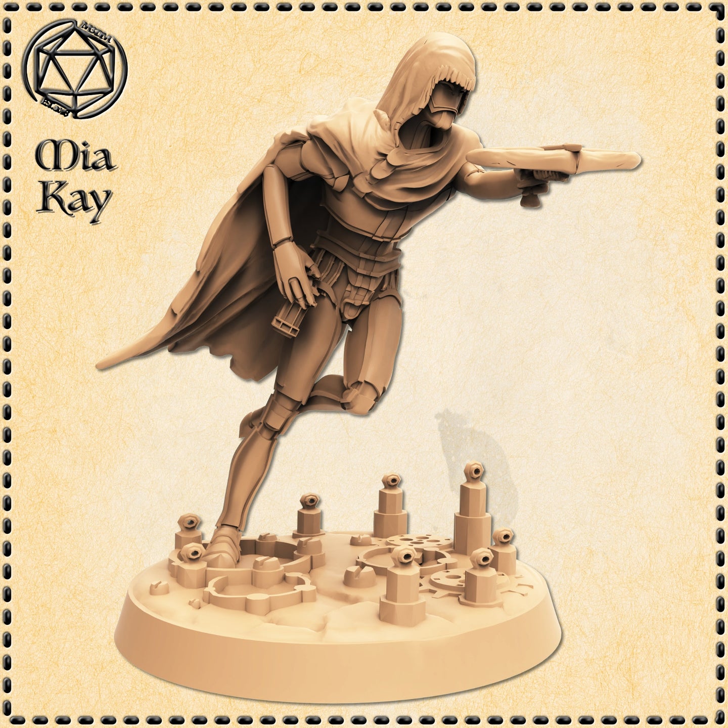 Unpainted sandy-toned resin render of a Metalforged Rogue miniature by Mia Kay M3DM — a hooded mechanical construct figure mid-stride, pistol extended in one hand, cape flowing behind, mounted on a detailed base featuring cogs and mechanical components