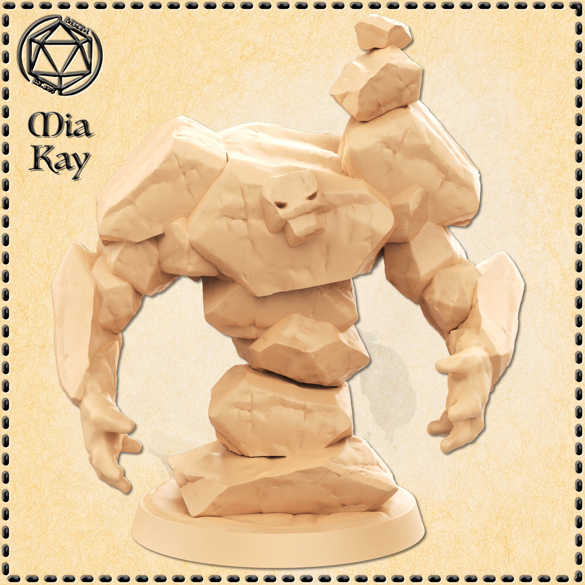 Unpainted cream resin digital render of the Earth Brute miniature by Mia Kay M3DM — a hulking earth elemental composed of stacked angular rock segments, in a low aggressive forward-leaning pose with arms spread wide, mounted on a round flat base. 32mm scale.