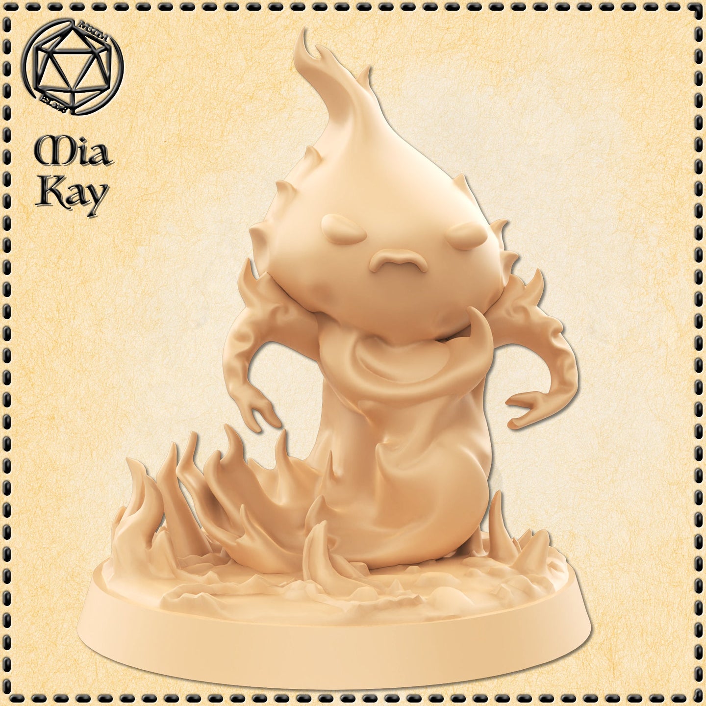 Digital render of an unpainted lesser fire elemental miniature by Mia Kay M3DM — a small rounded creature with a scowling closed-eye expression, clawed hands raised, wreathed in sculpted flames rising from a detailed fire base, 32mm scale