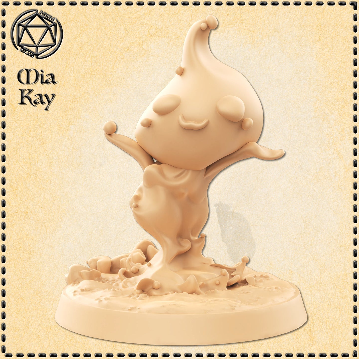 Digital render of a chibi lesser water elemental miniature by Mia Kay M3DM — an unpainted beige resin-coloured figure rising joyfully from a swirling splash base, arms outstretched and face tilted upward, with a rounded blobby form and single curved protrusion on its head, at 32mm scale