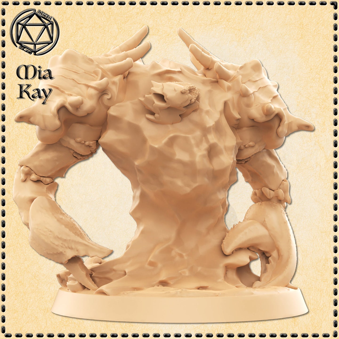 Digital render of the Water Brute Myrmidon miniature by Mia Kay M3DM — an unpainted cream resin-coloured sculpt of a massive hunched elemental creature with wide curved horns, a broad tusked muzzle, heavily muscled upper body, and curling clawed limbs, mounted on a plain round base