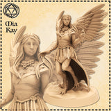 Digital render of an unpainted harpy miniature by Mia Kay M3DM, shown in two views — a detailed facial close-up on the left and a full-body front view on the right. The figure has large spread feathered wings, a floral collar necklace, a wrapped bodice with Celtic knotwork belt, scaled legs ending in bird talons, and stands on a rocky scenic base. One hand is raised in a beckoning gesture.