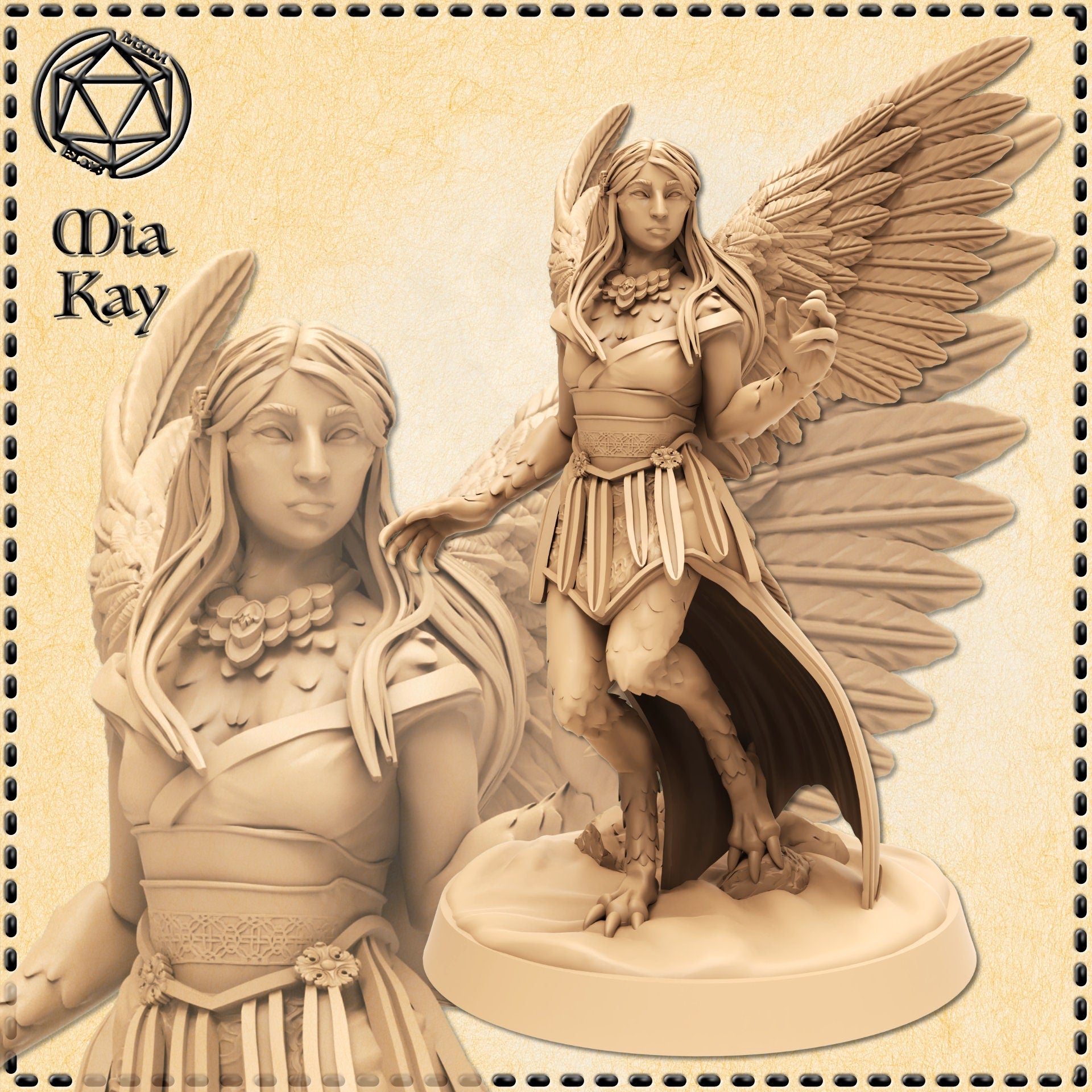 Digital render of an unpainted harpy miniature by Mia Kay M3DM, shown in two views — a detailed facial close-up on the left and a full-body front view on the right. The figure has large spread feathered wings, a floral collar necklace, a wrapped bodice with Celtic knotwork belt, scaled legs ending in bird talons, and stands on a rocky scenic base. One hand is raised in a beckoning gesture.