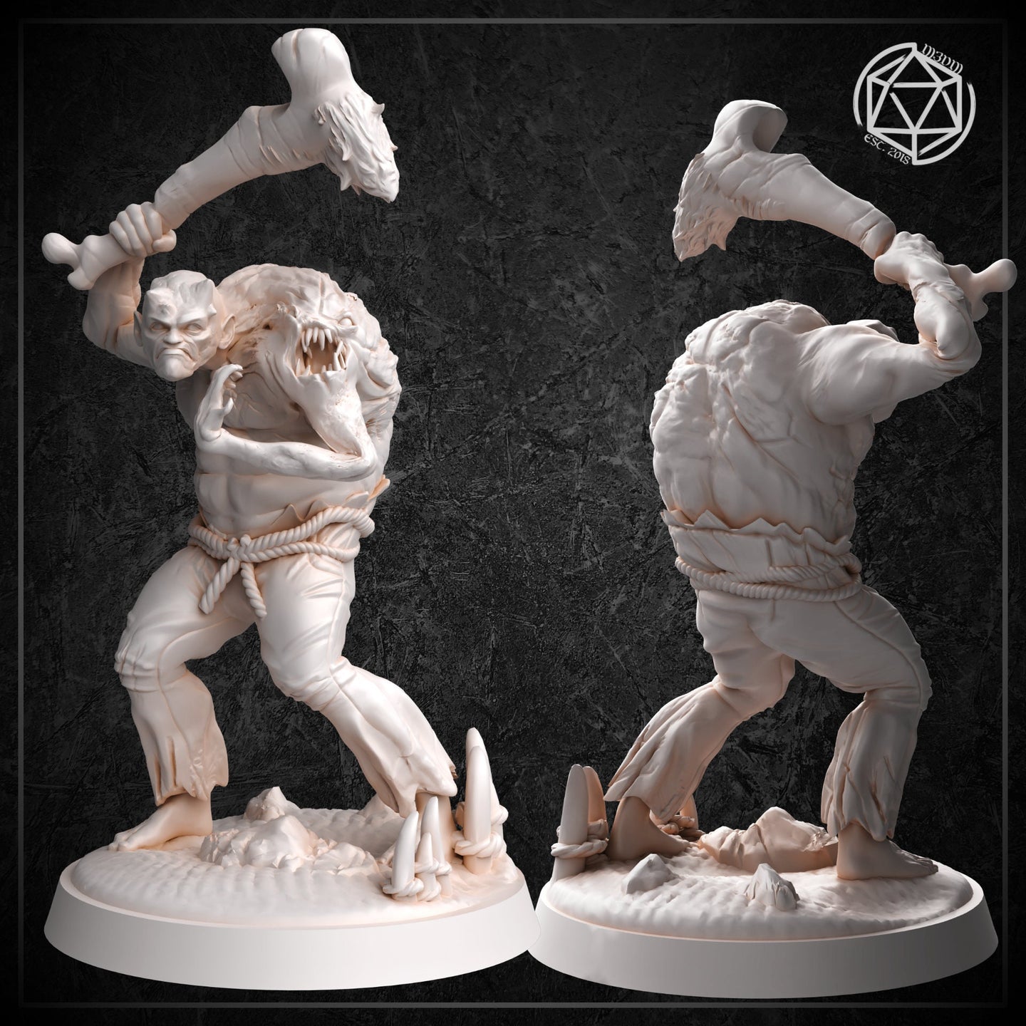 Two angles of an unpainted white resin Mutated Cursed Human miniature at 32mm scale — front view shows the dual-natured figure wielding a bone club overhead with a beast-headed creature clawing from his torso; rear view shows heavily scarred and textured back musculature. Both on detailed rocky bases.