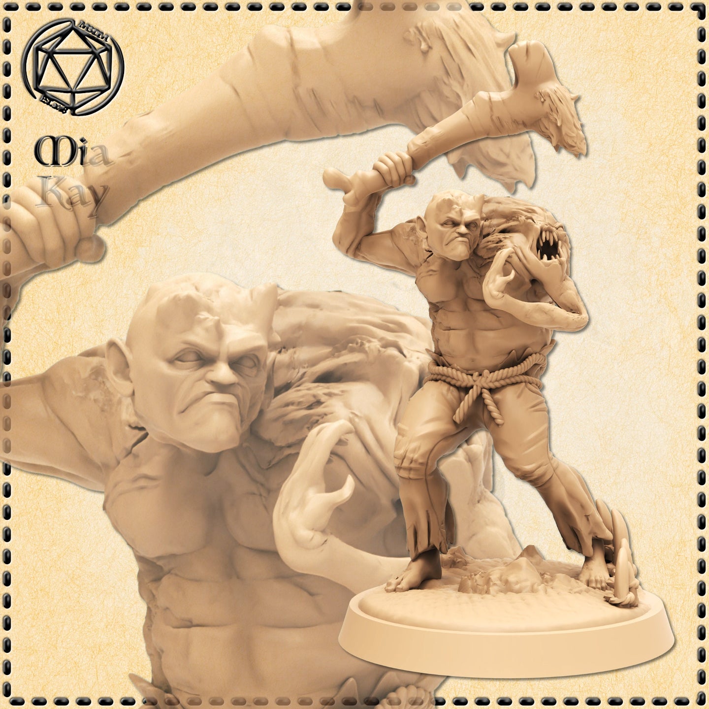 Digital render of an unpainted Mutated Cursed Human miniature shown in sepia tone — a muscular male figure mid-swing with a large bone club raised overhead, a monstrous second maw with clawed hands erupting from his chest, wearing rope-bound trousers, on a rocky base. Close-up inset shows the snarling human face in detail.