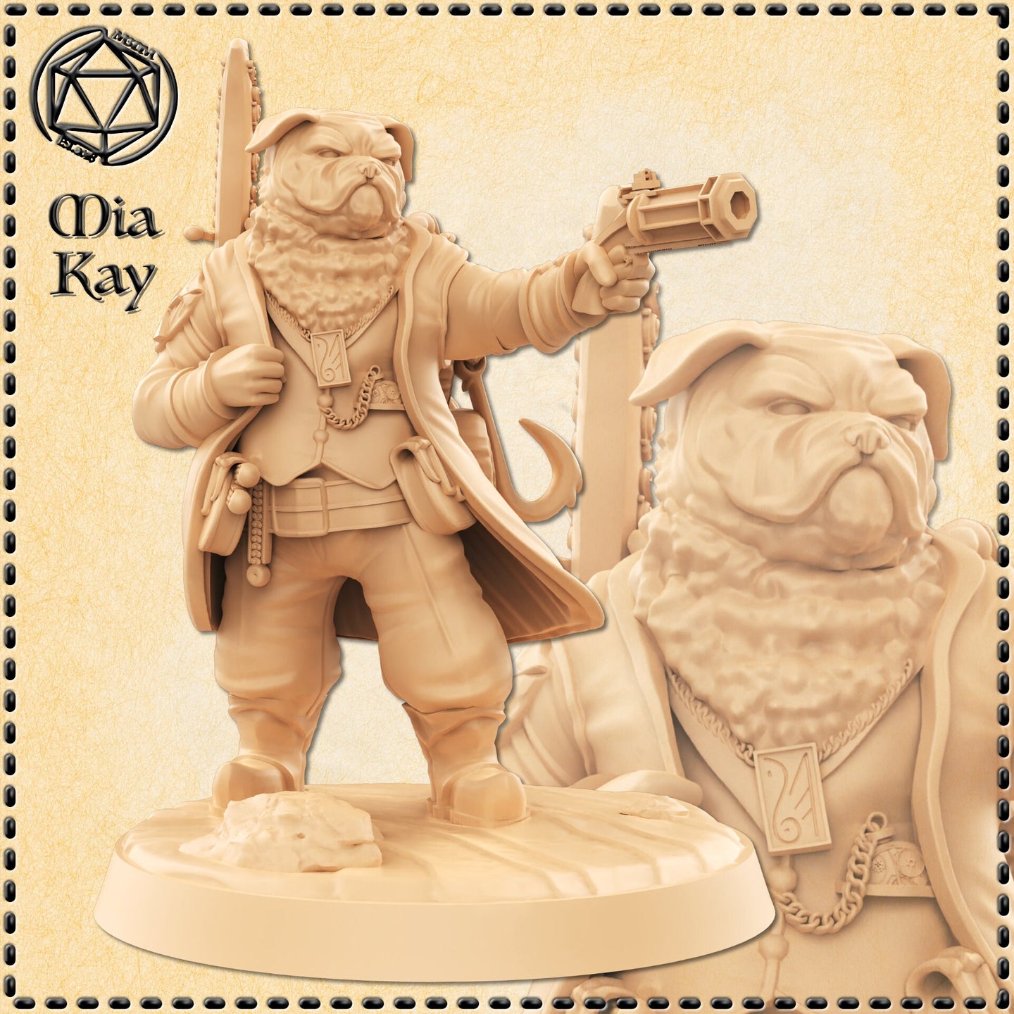 Digital render of an unpainted pugfolk gunslinger miniature at 32mm scale — a bulldog-faced anthro figure in an open long coat, aiming a wide-barrelled hand cannon with one outstretched arm while gripping a large serrated blade at her back. A heavy chain medallion rests against her thick neck fur. Close-up inset shows the detailed bulldog face with furrowed brow and a chunky engraved medallion pendant.