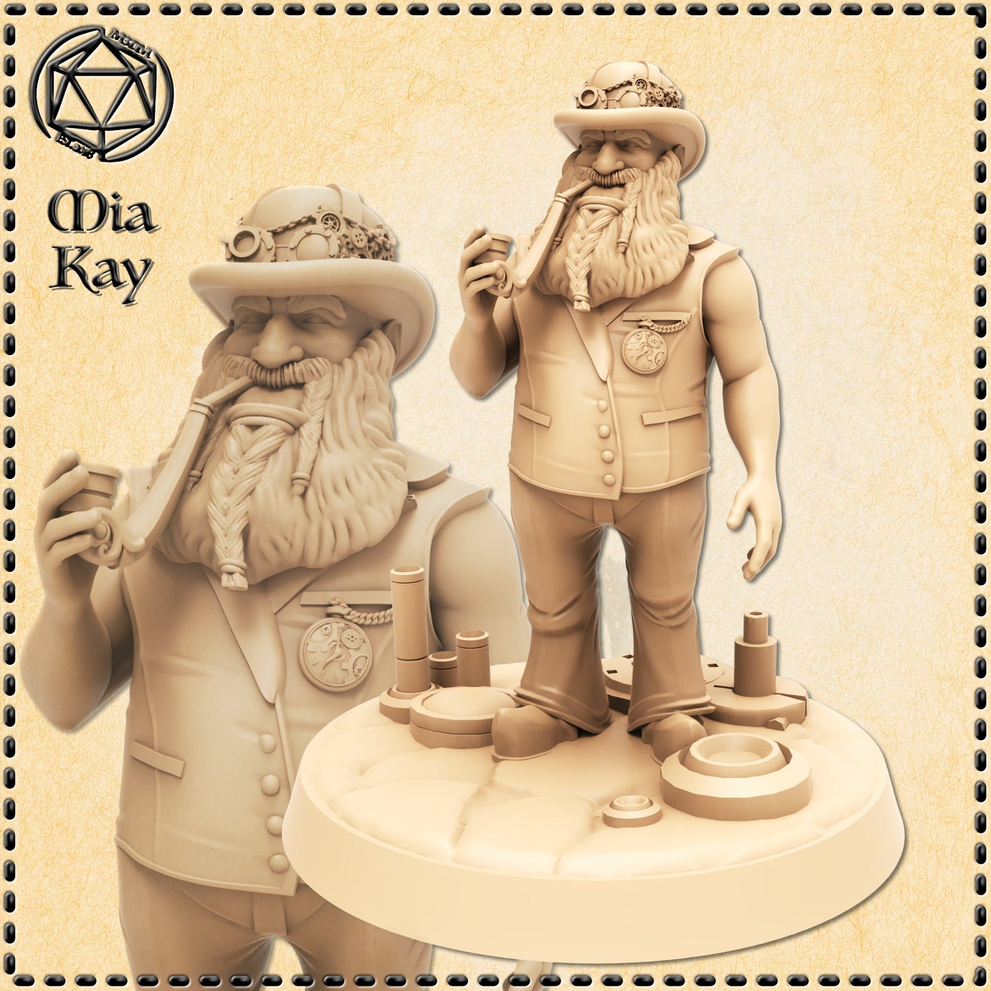 Digital render of an unpainted dwarf noble miniature at 32mm scale, showing a stocky male dwarf with a large braided beard, wide-brimmed hat with clockwork goggles, tailored waistcoat with pocket watch on a chain, holding a long pipe. He stands on a detailed industrial base featuring gears and cylindrical machinery. Two views shown: a close-up of the face and upper body on the left, and a full-body shot on the right. Sculpted by Mia Kay M3DM.
