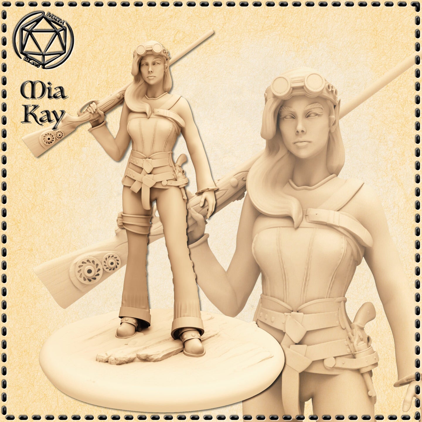 Unpainted resin miniature of a female elf gunslinger — digital render showing the full sculpt. She stands in a relaxed pose with a long ornately detailed rifle rested across her shoulder, wearing aviator goggles pushed up on her head, a fitted corset, wide-legged trousers, and layered belt with holstered dagger. A close-up inset shows fine facial detail. Sculpted by Mia Kay M3DM, 32mm scale.