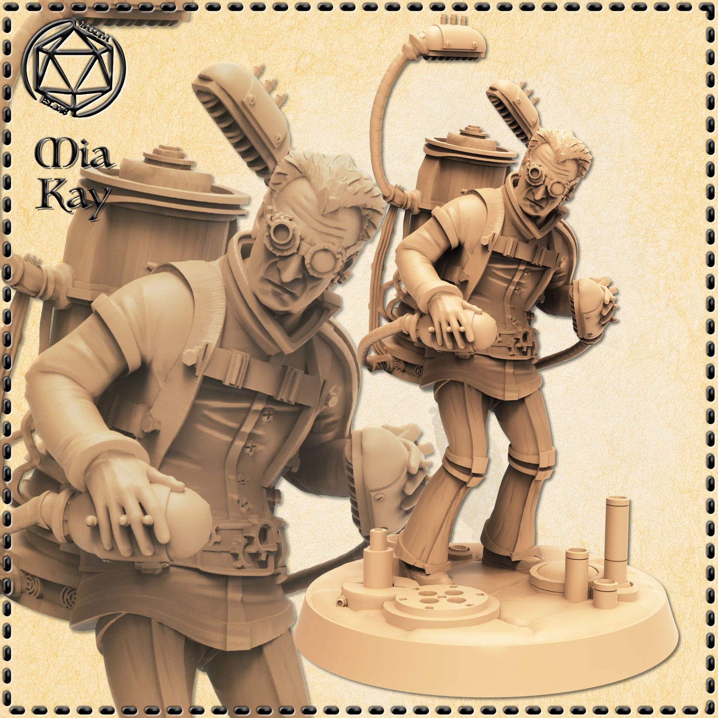 Digital render of an unpainted mad scientist miniature by Mia Kay M3DM, shown in two angles. The figure wears a large steampunk boiler-tank backpack with tubing and an overhead nozzle arm, sports a mechanical eye implant, and hunches forward cradling a device. The detailed base features industrial pipe fittings. Warm tan render, 32mm scale.