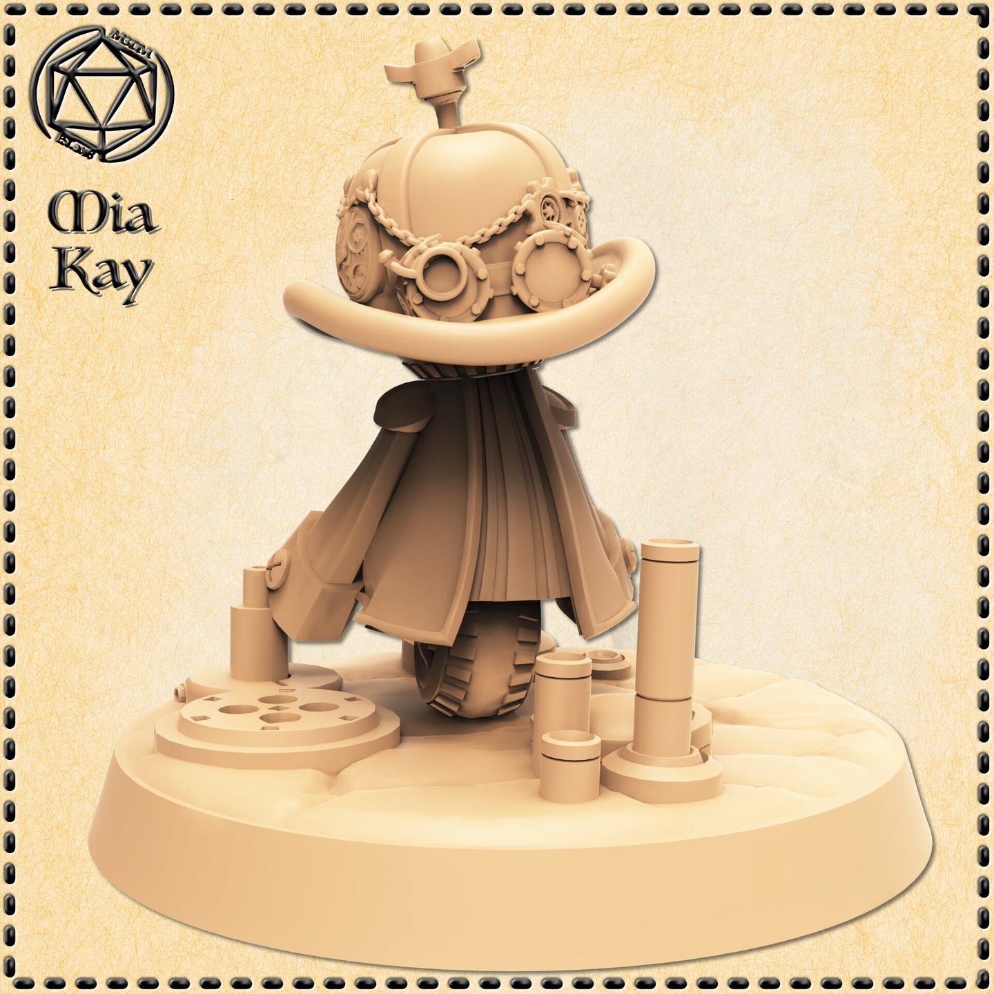 Digital render of Metalforged Baby, a small clockwork construct miniature by Mia Kay M3DM. The mini features a tiny tracked chassis beneath a flowing duster coat, topped with a large wide-brimmed hat decorated with goggles, chains, and gear fittings. The scenic circular base includes scattered mechanical cylinders and components. Shown in unpainted buff/tan resin render at 32mm scale.