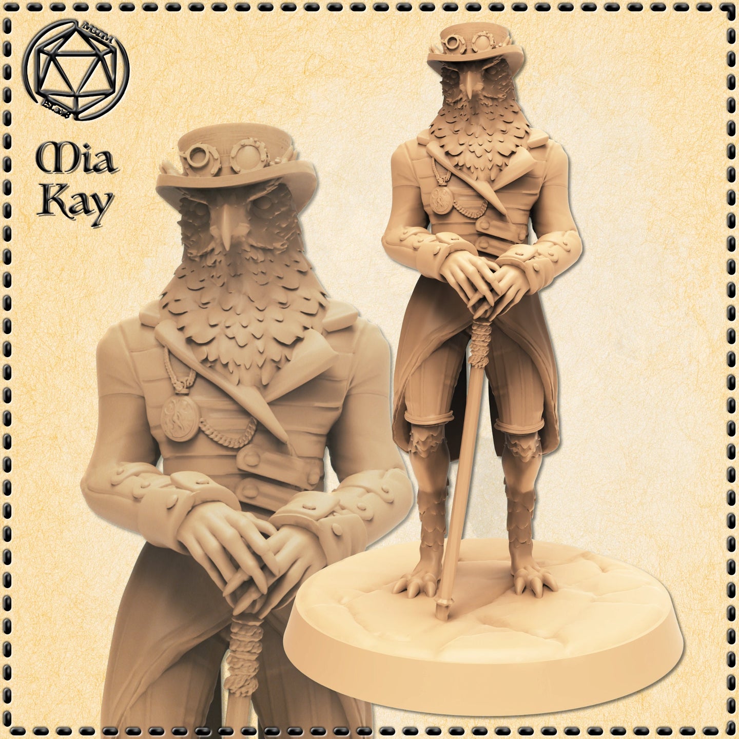 Digital render of an unpainted Owlfolk Noble miniature at 32mm scale, depicting an eagle-headed birdfolk aristocrat in a tailored long coat, steampunk top hat with goggles, waistcoat with medallion, and knee-high boots, standing with both hands resting on a carved cane, taloned feet visible on a plain round base — shown from two angles: a close-up bust view and a full-body front view