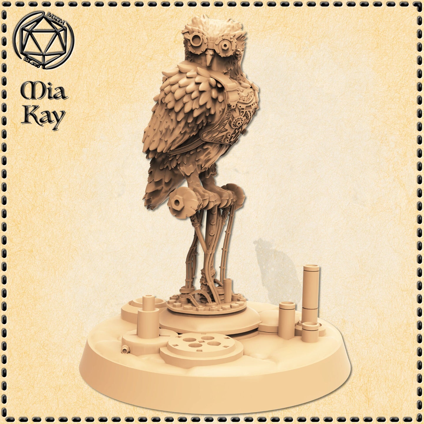 Digital render of an unpainted steampunk owl miniature at 32mm scale, standing upright on a detailed industrial gear base with pipes and cylinders. The owl has layered resin feathers, exposed mechanical leg joints, gear detailing on the body, and round brass goggles above its beak. Sculpted by Mia Kay M3DM.