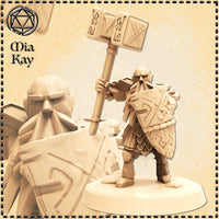Digital render of an unpainted dwarf paladin miniature at 32mm scale, shown in a wide battle stance with a large rune-engraved warhammer raised overhead and a heavily decorated runic shield held forward. The dwarf wears angular dwarven armour covered in geometric rune carvings and has a long flowing beard. A close-up inset shows the shield and face detail. Sculpted by Mia Kay M3DM.