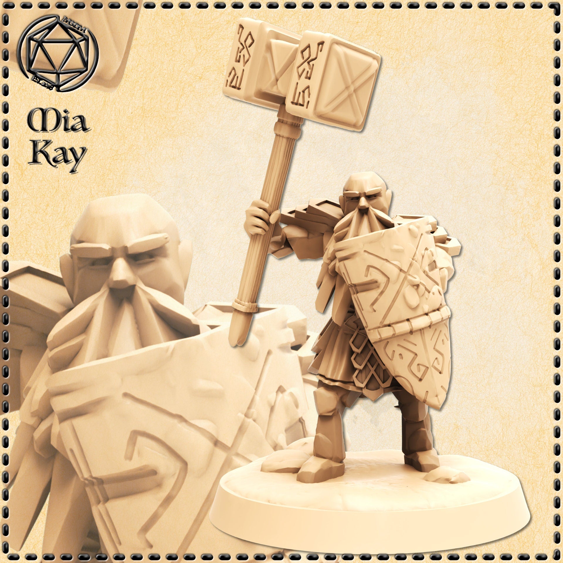 Digital render of an unpainted dwarf paladin miniature at 32mm scale, shown in a wide battle stance with a large rune-engraved warhammer raised overhead and a heavily decorated runic shield held forward. The dwarf wears angular dwarven armour covered in geometric rune carvings and has a long flowing beard. A close-up inset shows the shield and face detail. Sculpted by Mia Kay M3DM.