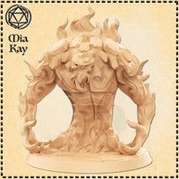 Digital render of the Fire Brute Myrmidon miniature by Mia Kay M3DM — an unpainted, sandy-beige resin-coloured sculpt of a massive fire elemental creature with a cracked stone-plated torso, sweeping spike-lined arms arced wide, a crown of open flame rising from its head, and a brooding molten face. Mounted on a round base. 32mm scale tabletop miniature.