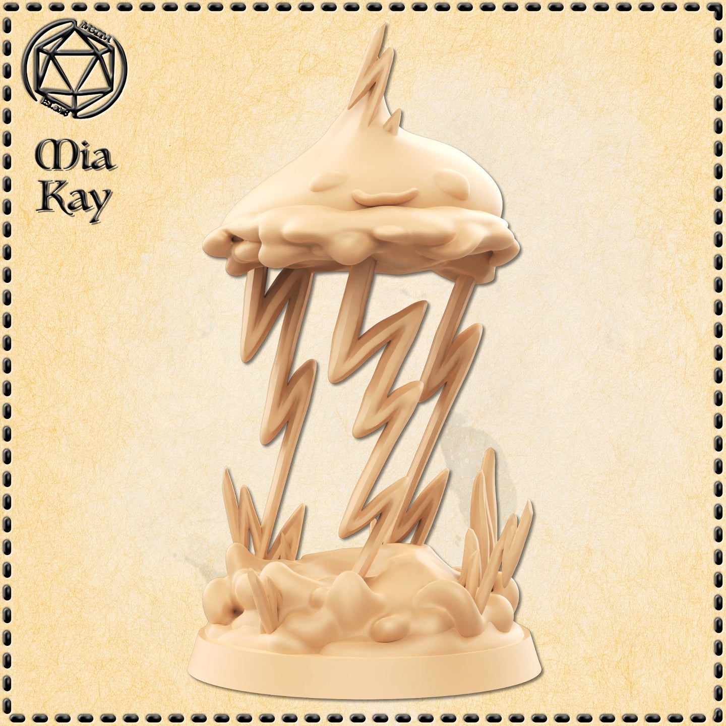 Digital render of a Lesser Air Elemental miniature by Mia Kay M3DM — an unpainted cream resin sculpt showing a smiling stormcloud hovering above multiple jagged lightning bolts striking a grass-strewn base, presented at 32mm scale