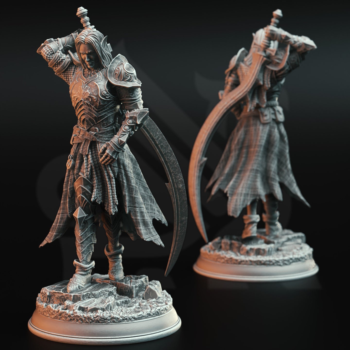 Two angles of an unpainted grey resin render of Relethyr Valin elf paladin miniature — front and back views showing tattered skirt, detailed armour engravings, crescent blade, and craggy scenic base at 32mm scale.