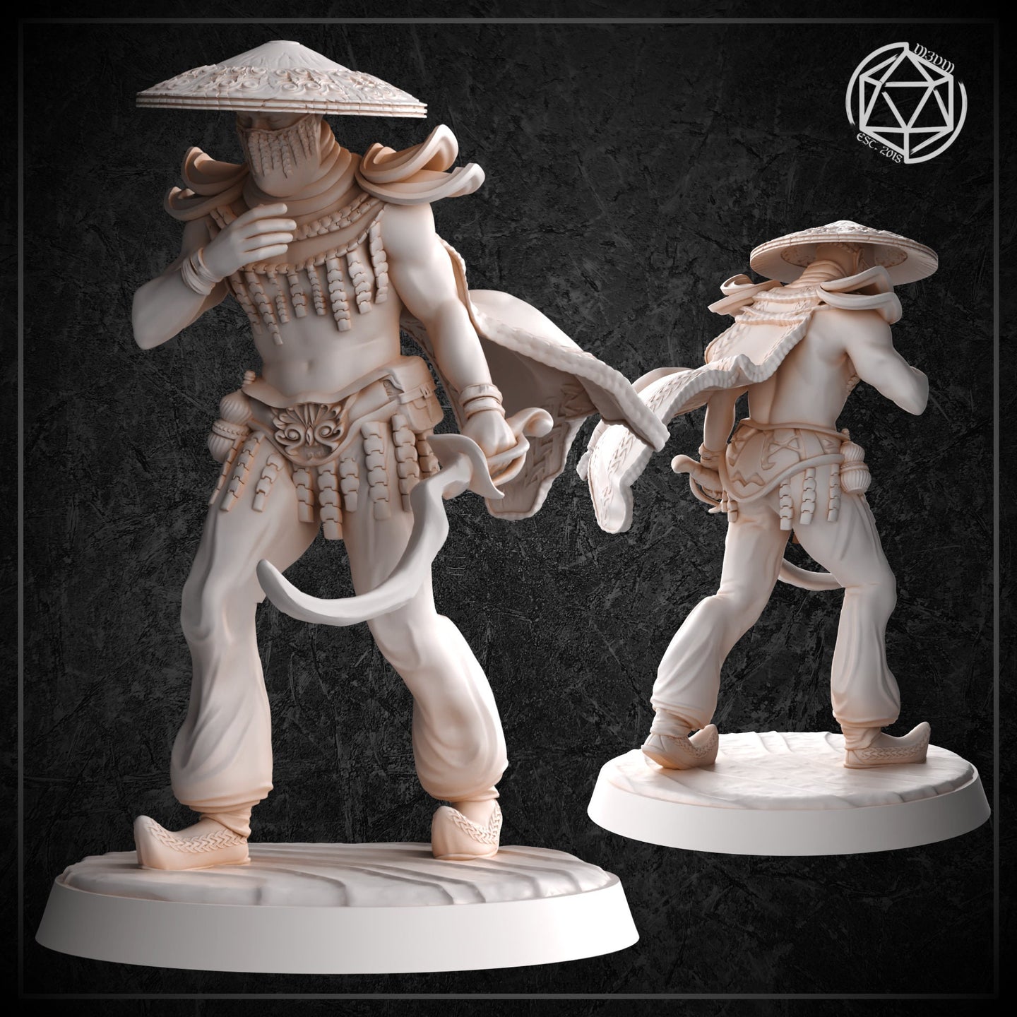 Unpainted cream resin miniature of the Mia Kay desert half-elf shown from front and rear, mid-stride combat pose with flowing sash, conical hat, curved blade, and embossed belt medallion, mounted on a plain oval base.