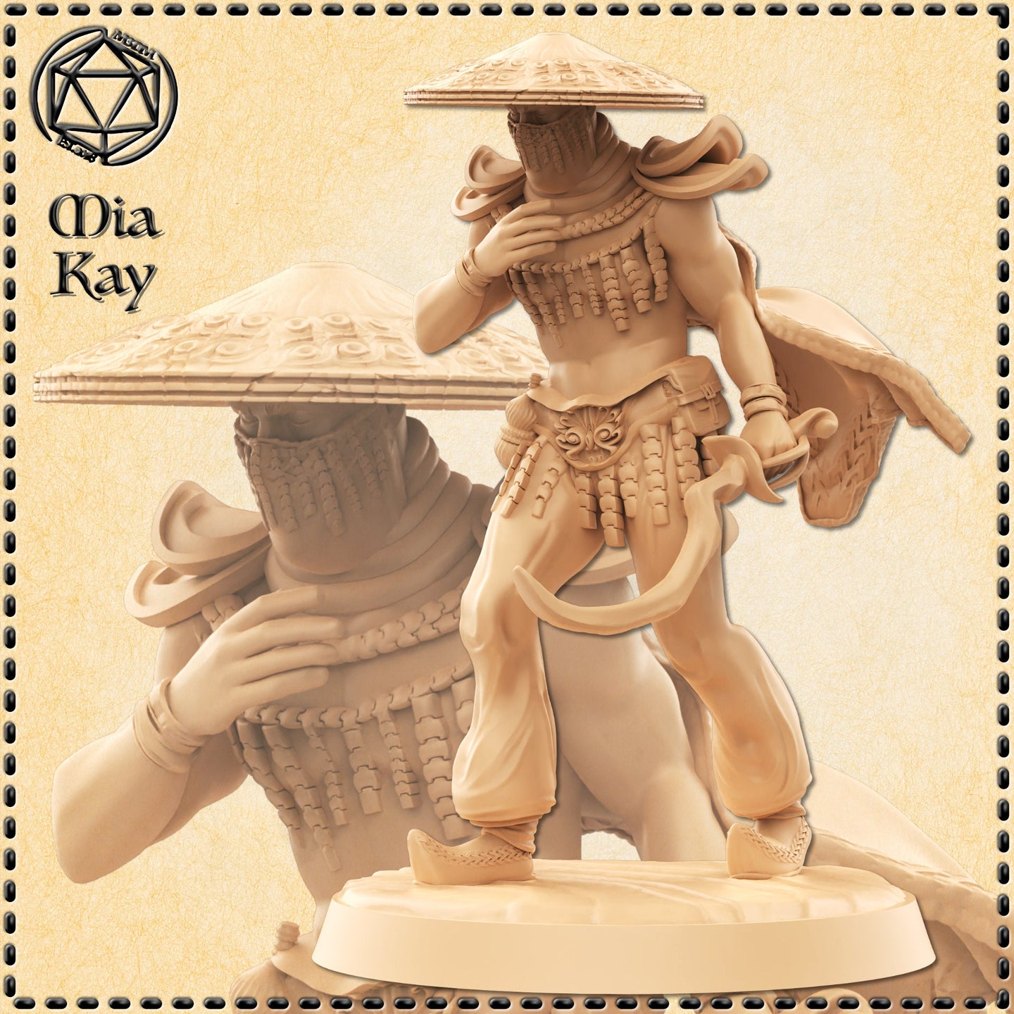 Digital render of the Mia Kay desert half-elf miniature shown in warm sandy tones, front-facing combat pose with raised knee, curved blade extended, ornate bead chest armour, and wide conical hat with face wrap. Includes a close-up detail inset of the upper torso and hat brim.