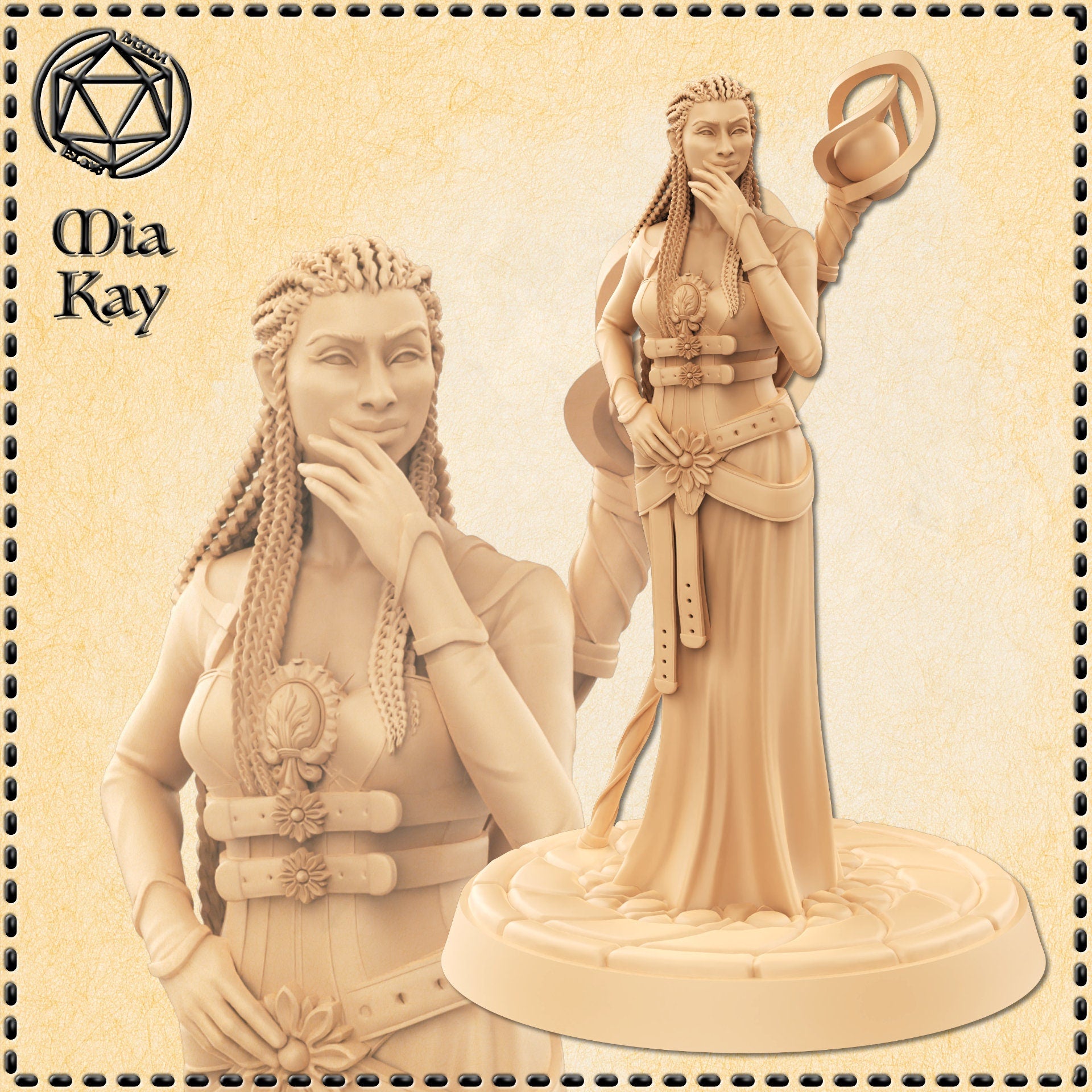Digital render of the Mia Kay Female Sorceress miniature showing a composed woman with long braided hair, a cameo brooch, layered belts with flower details, and a flowing skirt, raising an arcane orb in a looping ring with one hand while the other rests thoughtfully at her chin — front and close-up views on a warm parchment background