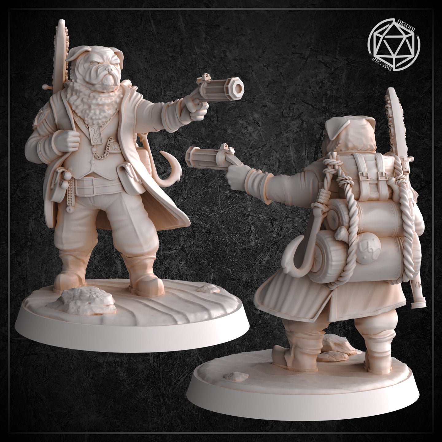 Two unpainted white resin pugfolk gunslinger miniatures shown front and back at 32mm scale. The front view shows the figure in open coat aiming the hand cannon forward; the rear view reveals a large pack strapped to her back with rope lashing, a hooked tool at her side, and the serrated blade rising above her shoulder. Both miniatures are on round integral bases.