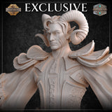 Close-up render of the Demonic Cleric miniature's upper body and face — sharp facial detail on a stern horned tiefling with pointed ears, swept-back hair, and large curved ram horns, wearing layered shoulder armour and a rune-etched coat