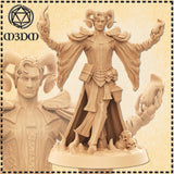 Unpainted resin render of the Demonic Cleric miniature by Mia Kay M3DM — a horned tiefling spellcaster with arms raised, flame in one hand and a raven claw in the other, wearing an ornate rune-covered coat with a grimoire and skulls at his belt, standing on a scenic base decorated with skulls and infernal flames