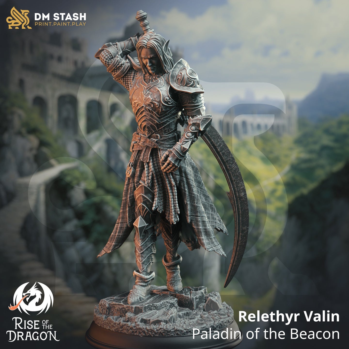 Painted render of Relethyr Valin, Paladin of the Beacon — an elf warrior in engraved plate armour raising a sword hilt behind his shoulder, crescent blade at his side, standing on a rocky base. DM Stash Rise of the Dragon series.