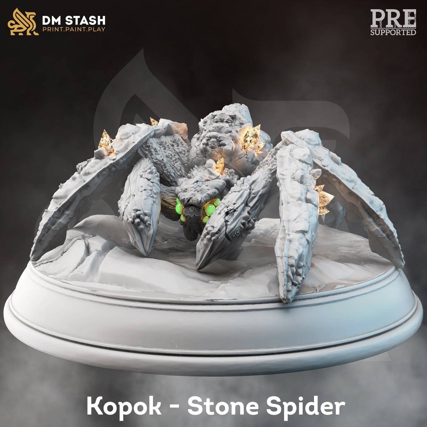 Digital render of Kopok the Stone Spider miniature by DM Stash — a large construct spider with cracked granite legs, crystal-shard spines, and glowing green eyes, shown in grey unpainted resin on a sculpted rubble base