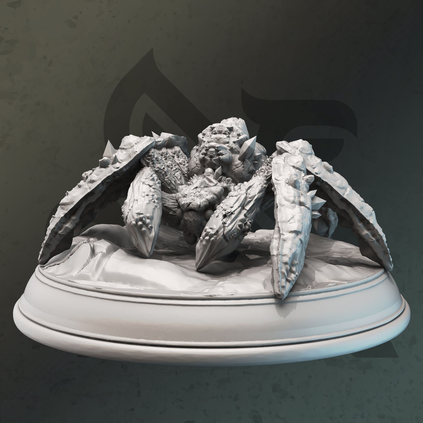 Side-angle digital render of the Kopok Stone Spider miniature showing the broad, layered stone legs and heavily textured rocky carapace, unpainted grey resin on a scenic oval base