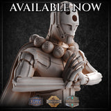 Close-up unpainted white resin print of the Metalforged Monk miniature by M3DM, highlighting the engraved rune spheres clustered at the chest, articulated gauntlet hands gripping a flat blade, and segmented plate armour with a flowing cape — detail shot