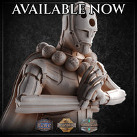 Close-up unpainted white resin print of the Metalforged Monk miniature by M3DM, highlighting the engraved rune spheres clustered at the chest, articulated gauntlet hands gripping a flat blade, and segmented plate armour with a flowing cape — detail shot