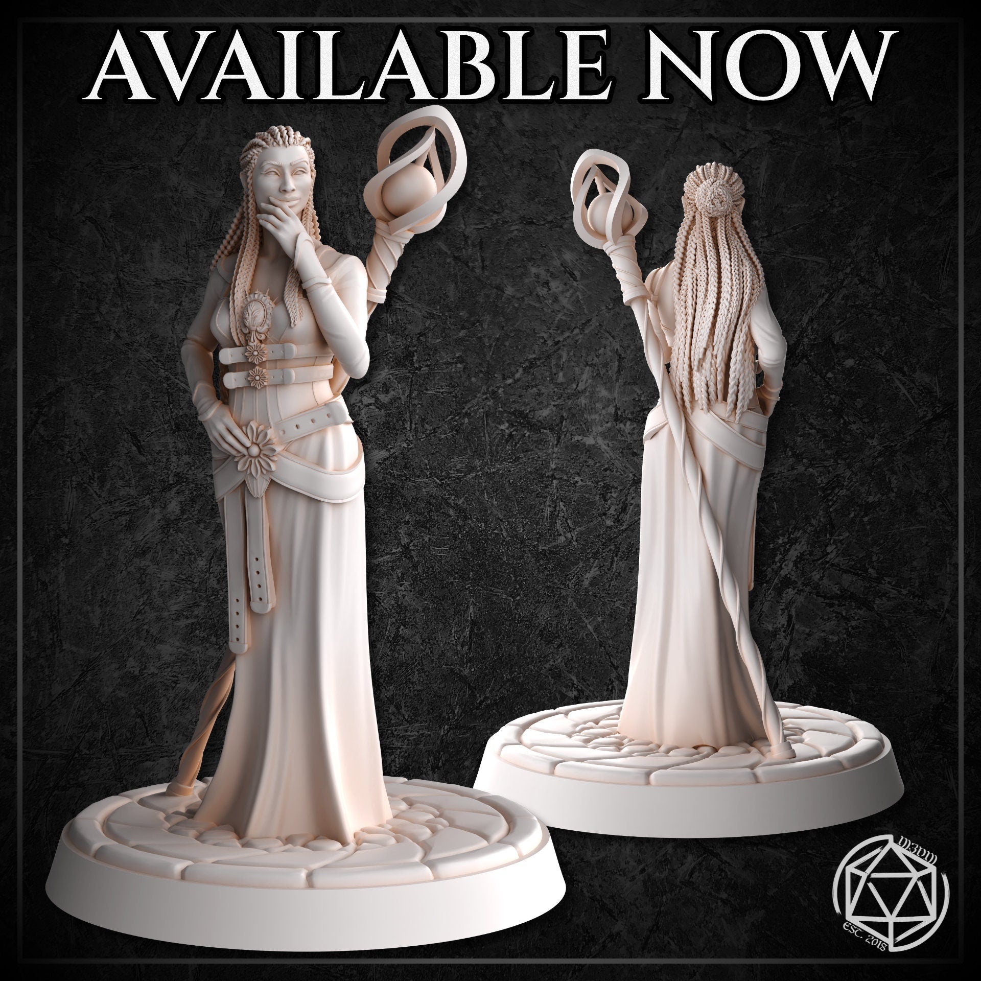 Unpainted white resin render of the Female Sorceress miniature by Mia Kay M3DM shown from front and back — braided hair pinned at the back, ornate cameo brooch on the bodice, floral belt detail, and a swirling arcane ring focus raised aloft, mounted on a textured cobblestone round base