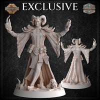 Two views of the unpainted Demonic Cleric resin miniature — front view showing raised arms, skull-adorned belt, and billowing cloak over a skull-and-flame base, and rear view revealing detailed rune engravings across the back of the robe and armour