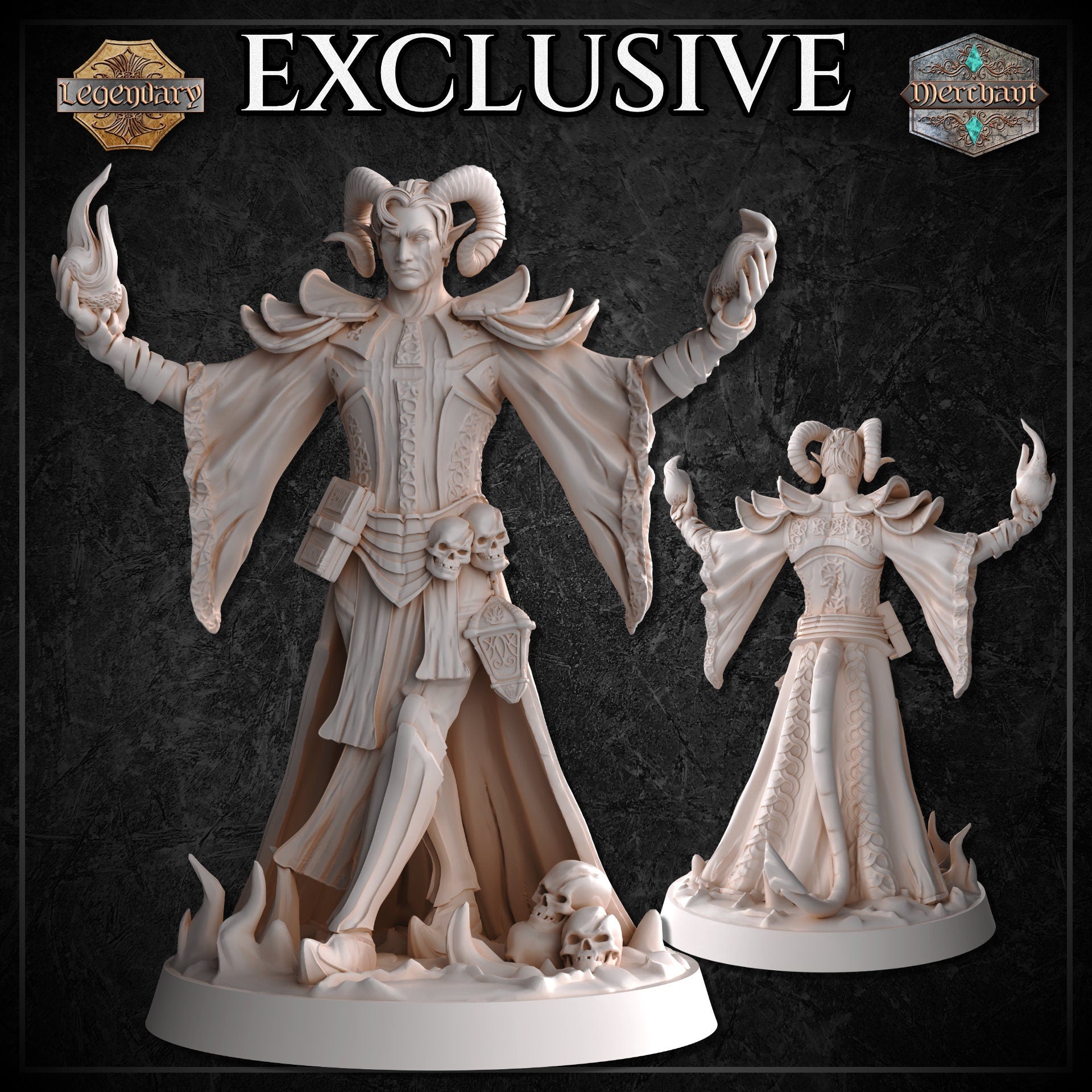 Two views of the unpainted Demonic Cleric resin miniature — front view showing raised arms, skull-adorned belt, and billowing cloak over a skull-and-flame base, and rear view revealing detailed rune engravings across the back of the robe and armour