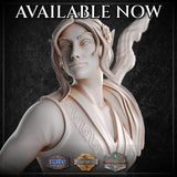 Close-up render of the female elf monk miniature's face and upper body, showing detailed long hair pinned with a flower above a pointed ear, a composed expression, and spiral rune engravings across her cropped top and collar
