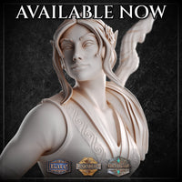 Close-up render of the female elf monk miniature's face and upper body, showing detailed long hair pinned with a flower above a pointed ear, a composed expression, and spiral rune engravings across her cropped top and collar