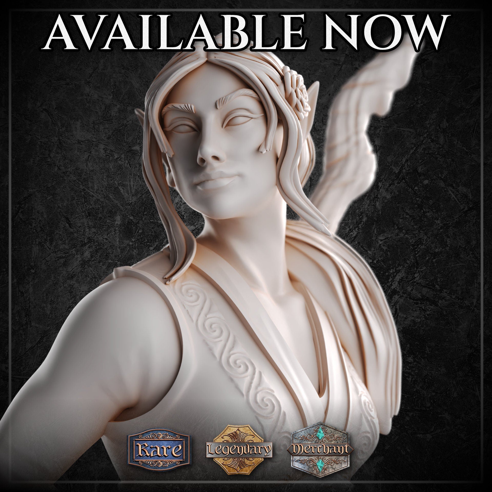 Close-up render of the female elf monk miniature's face and upper body, showing detailed long hair pinned with a flower above a pointed ear, a composed expression, and spiral rune engravings across her cropped top and collar