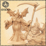 Unpainted resin render of the Hell Commander Devil miniature from M3DM, showing a winged devil in ceremonial robes holding a skull-topped scythe, with curved horns and a wide fanged grin, plus a close-up detail of the face and torso
