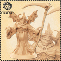 Unpainted resin render of the Hell Commander Devil miniature from M3DM, showing a winged devil in ceremonial robes holding a skull-topped scythe, with curved horns and a wide fanged grin, plus a close-up detail of the face and torso