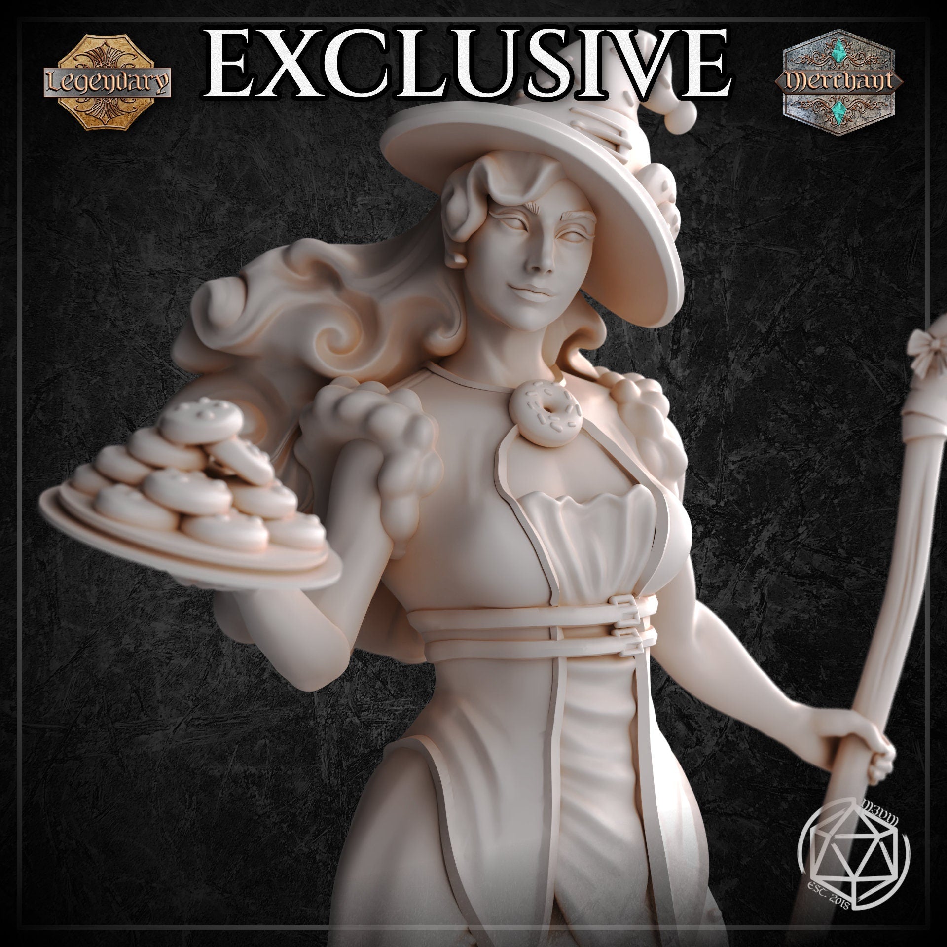 Close-up bust view of the unpainted white Dessert Witch miniature by Mia Kay M3DM, highlighting her knowing half-smile, wide curling witch hat with pastry charms, donut brooch necklace, ruffled neckline, and the detailed plate of stacked iced biscuits she holds aloft