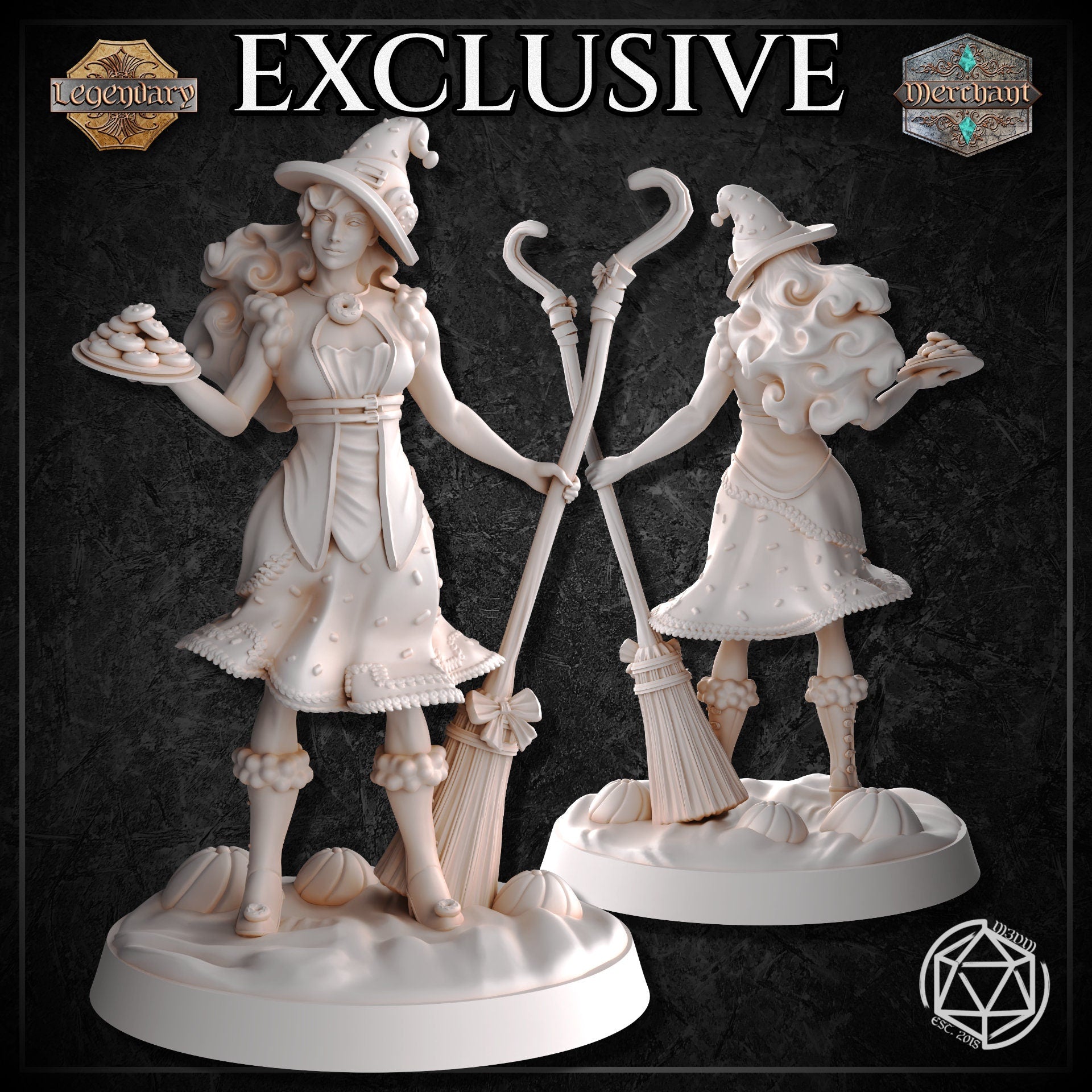 Front and rear views of the unpainted white Dessert Witch resin miniature by Mia Kay M3DM, showing her curly hair, ruffled lace-hemmed skirt, layered waist belt, decorated ankle cuffs, broomstick, hooked staff, and plate of pastries, on a pumpkin-scattered oval base