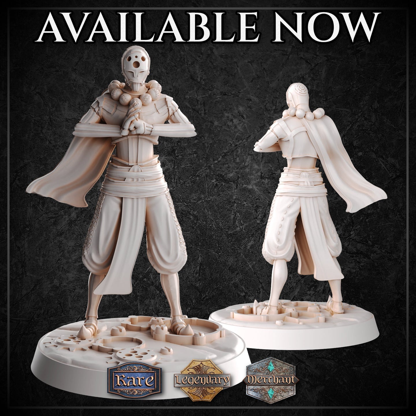 Unpainted white resin print of the Metalforged Monk miniature, front and rear views, showing a masked construct figure in layered plate armour with a cluster of orbs at the chest and a broad flat blade held across the body, standing on a gear-and-ruins scenic base — product promotional image by M3DM