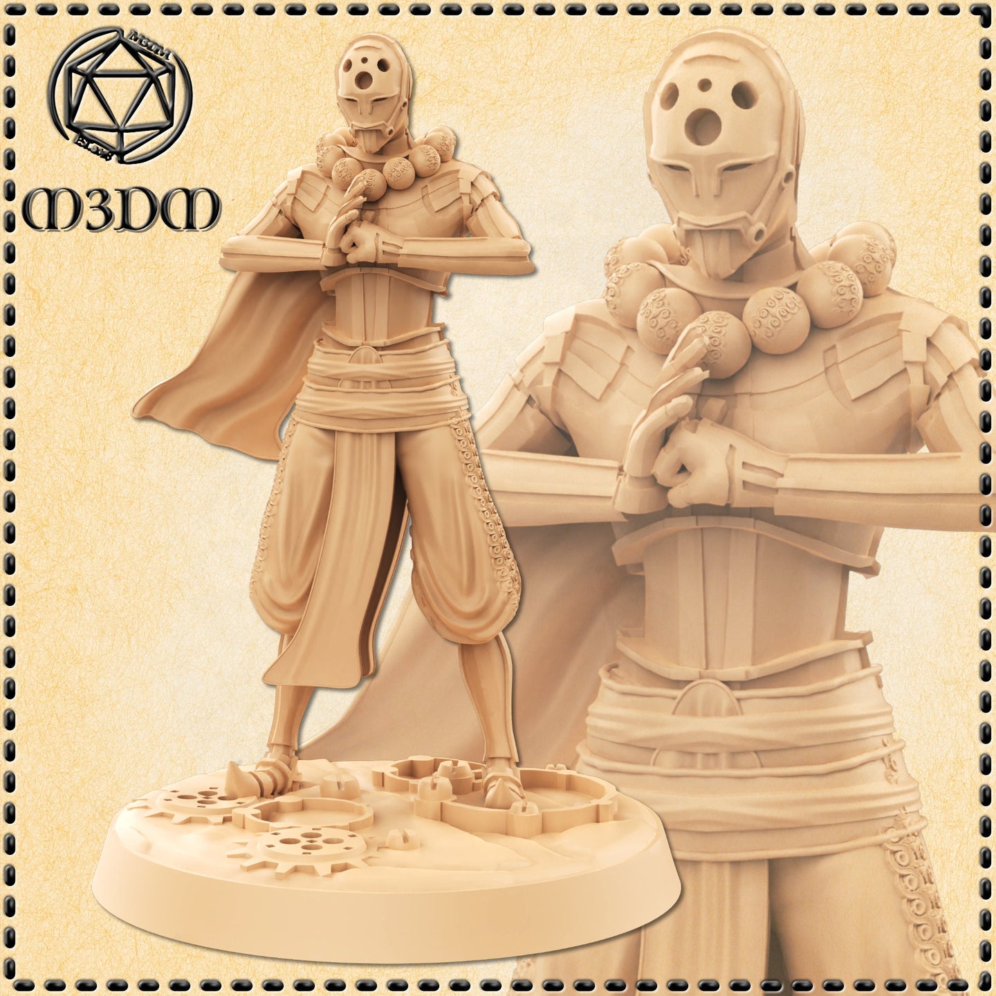 Unpainted beige resin render of the Metalforged Monk miniature from M3DM, showing a masked construct warrior holding a flat blade across its torso with rune-engraved spheres at its chest, wearing segmented armour and a flowing cape, mounted on a detailed gear-and-ruins scenic base — front and close-up detail views