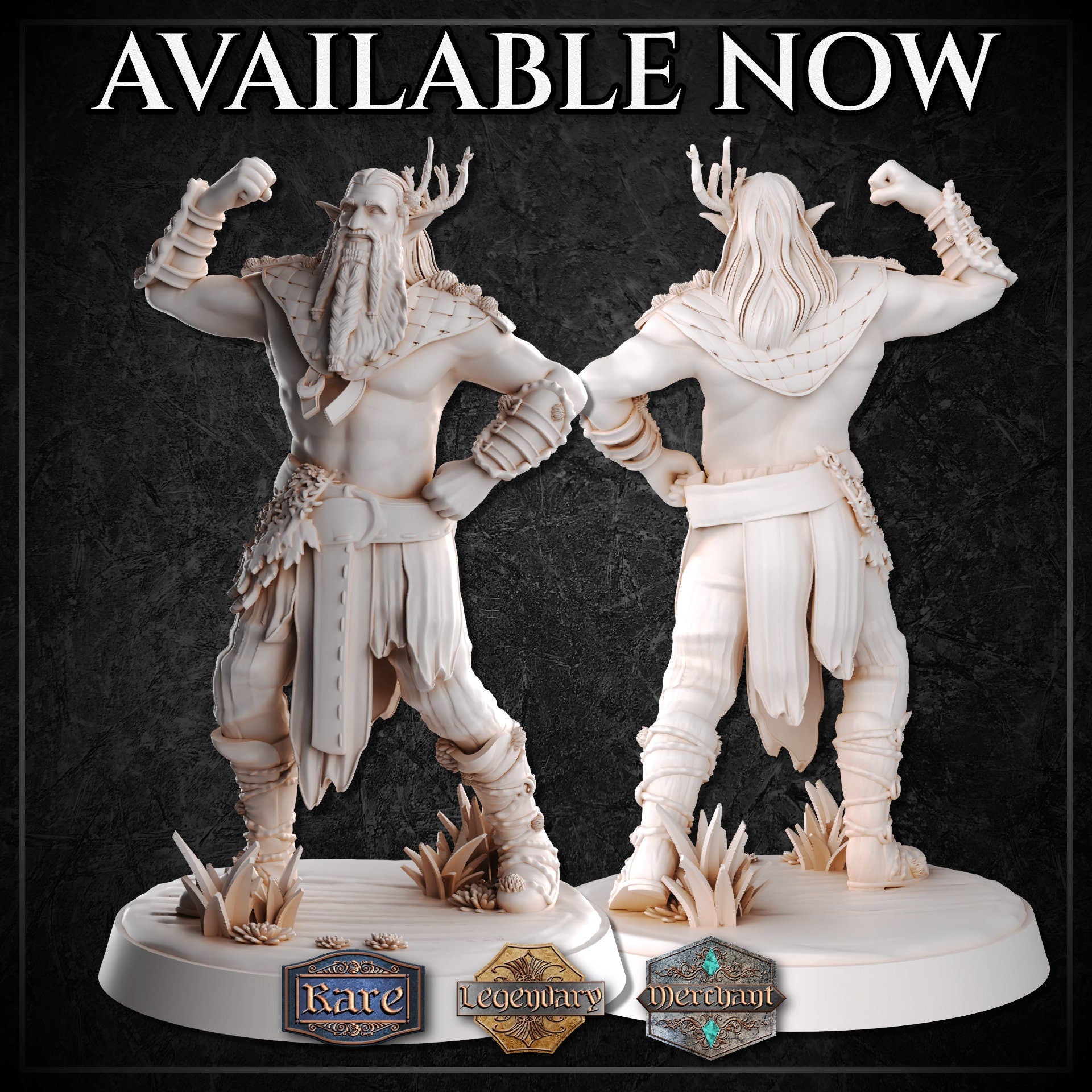 Front and rear view of an unpainted white resin Firbolg Barbarian miniature — broad-chested giant with branching antlers, long braided beard, bare torso, woven shoulder mantle, and leaf-wrapped lower body, standing in a defiant raised-fist pose on a scenic base with wild grasses.