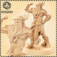 Digital render of an unpainted Firbolg Barbarian miniature at 32mm scale, shown from two angles — full figure with raised fist, leaf-wrapped kilt, stag antlers, and braided beard, plus a close-up bust of the face and woven bark mantle. Sculpted by Mia Kay M3DM.