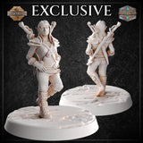 Two unpainted white resin halfling rogue miniatures on textured oval bases shown front and back — front view displays layered armour, raised knee pose and cross-body strap with pouches; rear view reveals a sword scabbard strapped across her back and the detailed texture of her armour and hair